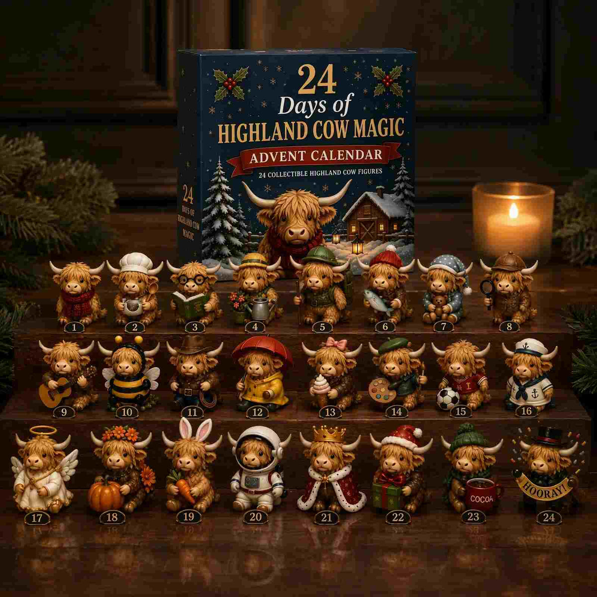 🎄Highland Cow Advent Calendar 🎁 24 Unique Mini Figures for Christmas🐮
