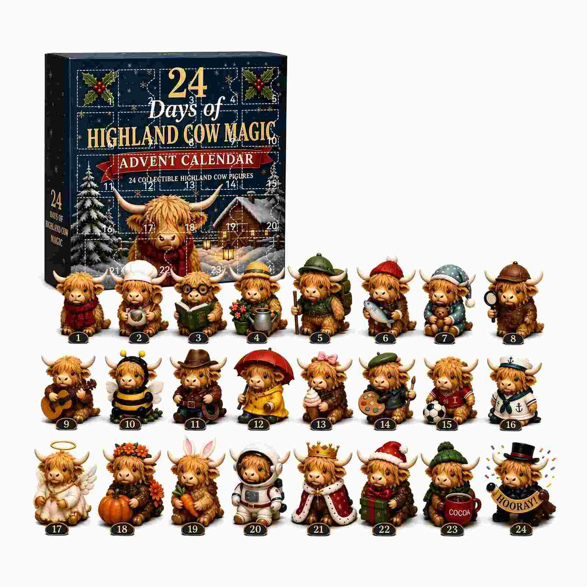🎄Highland Cow Advent Calendar 🎁 24 Unique Mini Figures for Christmas🐮