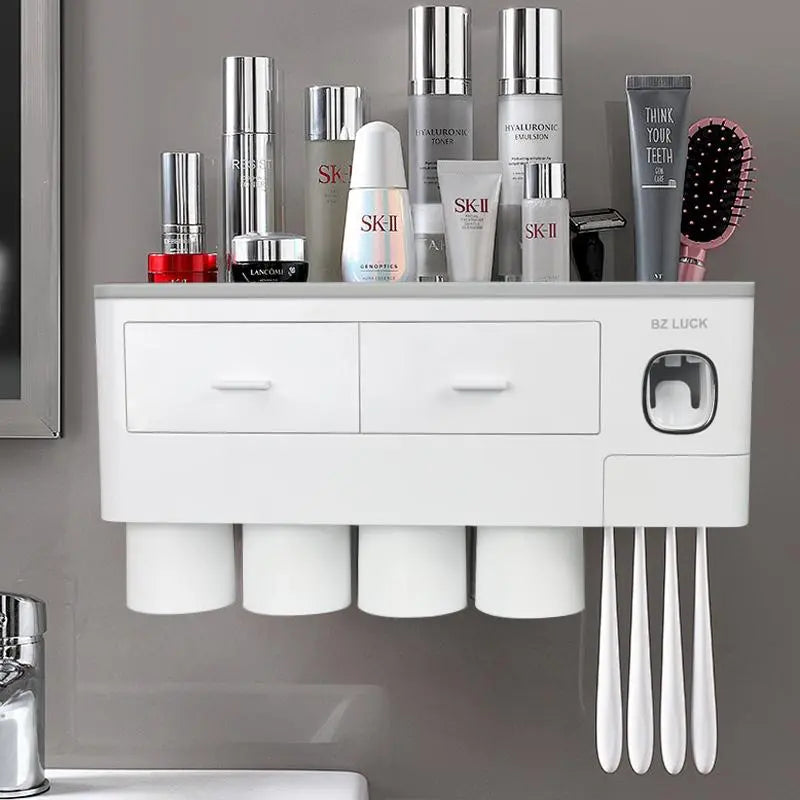 Wall Mounted Toothbrush Holder with Automatic Toothpaste Dispenser, Punch-Free Bathroom Storage Organizer with Drawers & Magnetic Mouthwash Cups