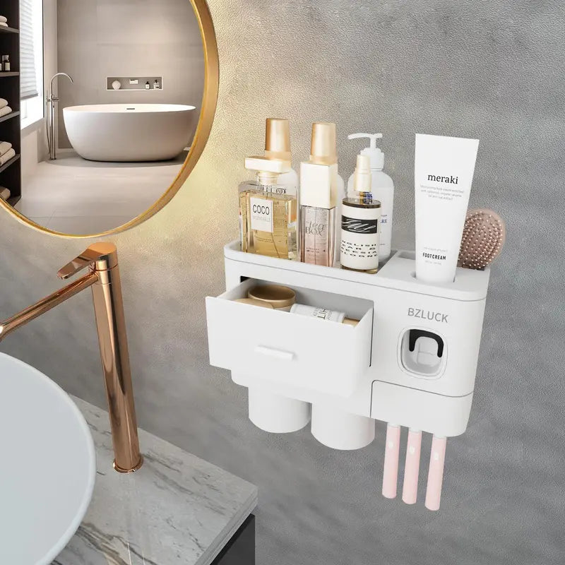 Wall Mounted Toothbrush Holder with Automatic Toothpaste Dispenser, Punch-Free Bathroom Storage Organizer with Drawers & Magnetic Mouthwash Cups