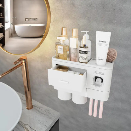 Wall Mounted Toothbrush Holder with Automatic Toothpaste Dispenser, Punch-Free Bathroom Storage Organizer with Drawers & Magnetic Mouthwash Cups