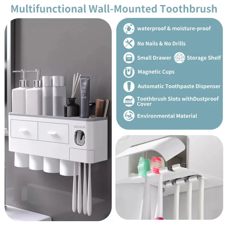 Wall Mounted Toothbrush Holder with Automatic Toothpaste Dispenser, Punch-Free Bathroom Storage Organizer with Drawers & Magnetic Mouthwash Cups