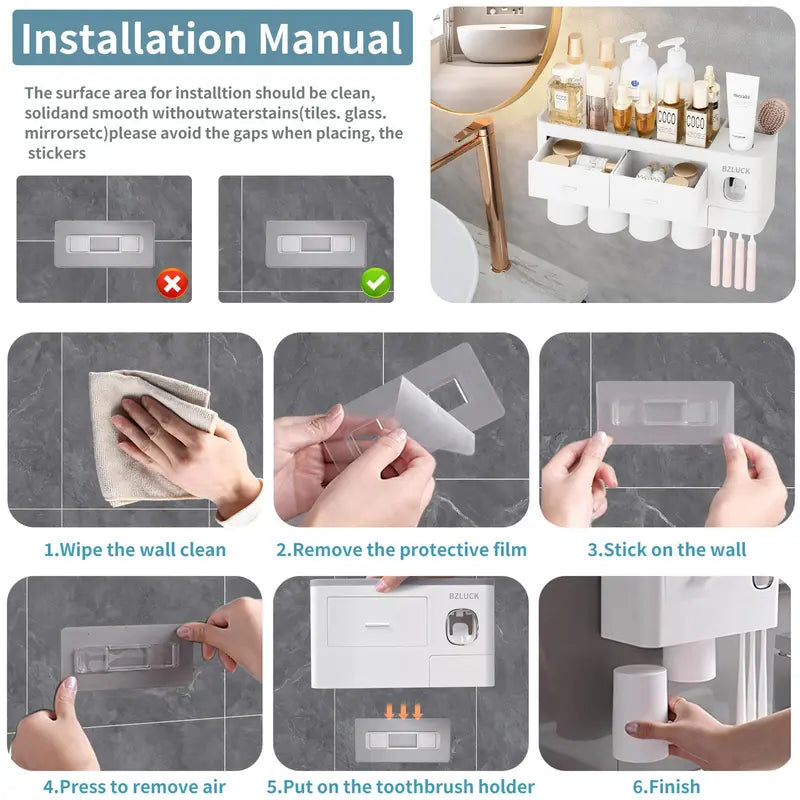 Wall Mounted Toothbrush Holder with Automatic Toothpaste Dispenser, Punch-Free Bathroom Storage Organizer with Drawers & Magnetic Mouthwash Cups