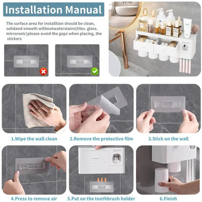 Wall Mounted Toothbrush Holder with Automatic Toothpaste Dispenser, Punch-Free Bathroom Storage Organizer with Drawers & Magnetic Mouthwash Cups