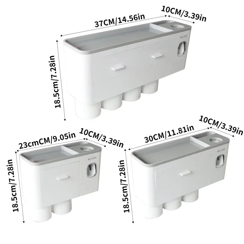 Wall Mounted Toothbrush Holder with Automatic Toothpaste Dispenser, Punch-Free Bathroom Storage Organizer with Drawers & Magnetic Mouthwash Cups