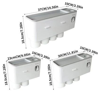 Wall Mounted Toothbrush Holder with Automatic Toothpaste Dispenser, Punch-Free Bathroom Storage Organizer with Drawers & Magnetic Mouthwash Cups