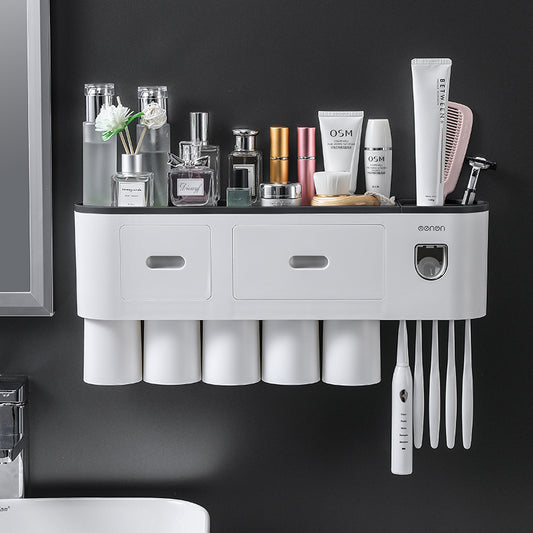 Wall Mounted Toothbrush Holder with Automatic Toothpaste Dispenser, Punch-Free Bathroom Storage Organizer with Drawers & Magnetic Mouthwash Cups