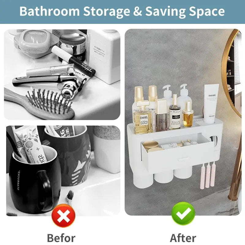 Wall Mounted Toothbrush Holder with Automatic Toothpaste Dispenser, Punch-Free Bathroom Storage Organizer with Drawers & Magnetic Mouthwash Cups
