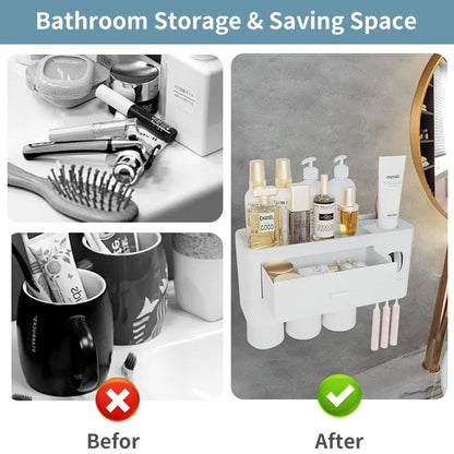 Wall Mounted Toothbrush Holder with Automatic Toothpaste Dispenser, Punch-Free Bathroom Storage Organizer with Drawers & Magnetic Mouthwash Cups