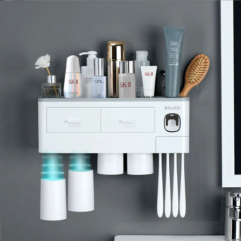 Wall Mounted Toothbrush Holder with Automatic Toothpaste Dispenser, Punch-Free Bathroom Storage Organizer with Drawers & Magnetic Mouthwash Cups