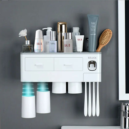 Wall Mounted Toothbrush Holder with Automatic Toothpaste Dispenser, Punch-Free Bathroom Storage Organizer with Drawers & Magnetic Mouthwash Cups
